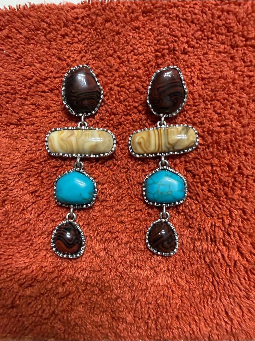 Turquoise & Agate Drop Earrings - Brown, Turquoise, Cream